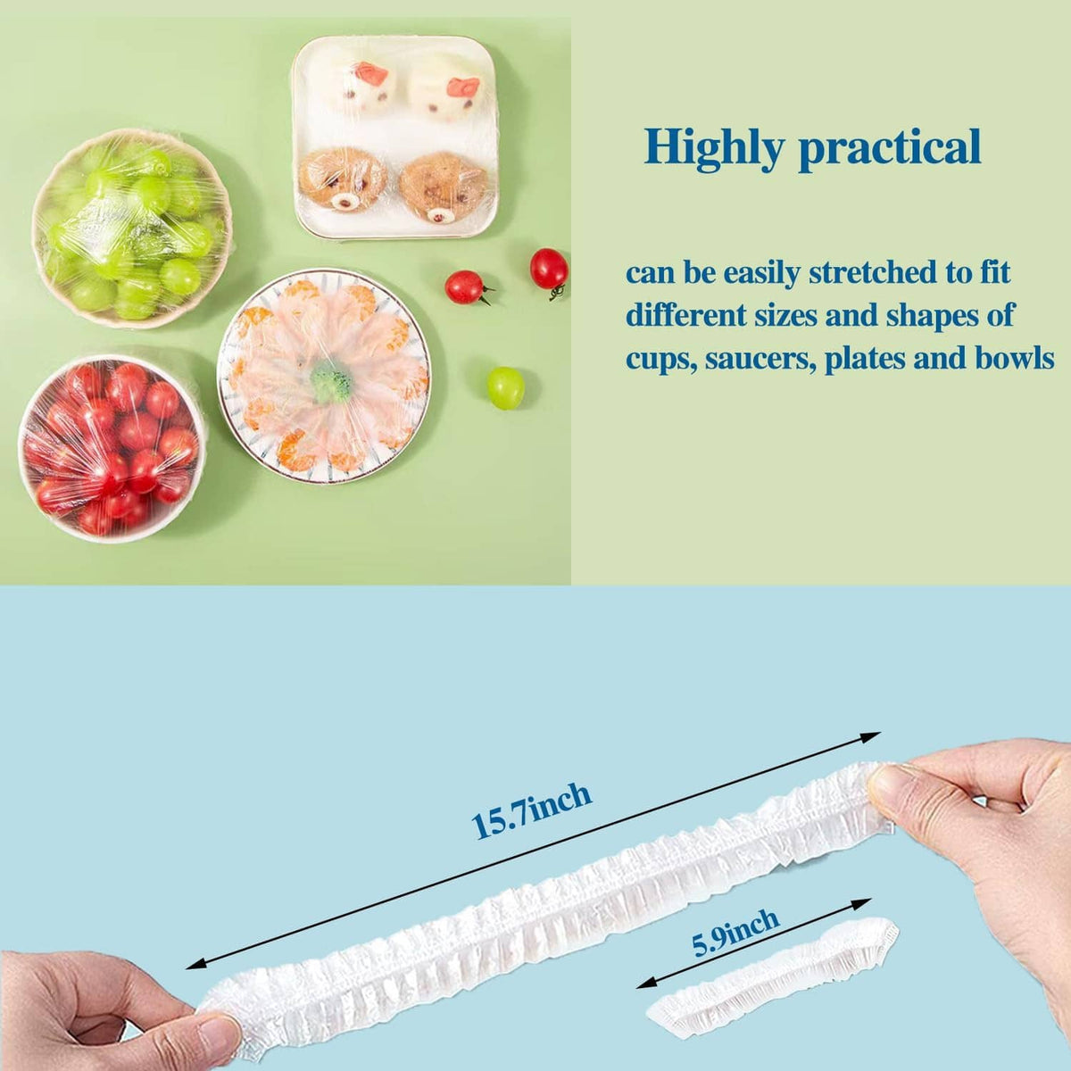 White elastic plastic cover strip sized for bowls, saucers, and plates