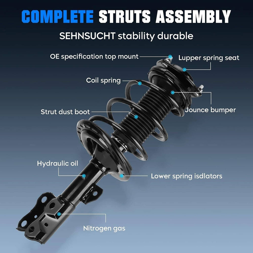 Complete strut assembly illustration with coil spring and shock absorber diagram