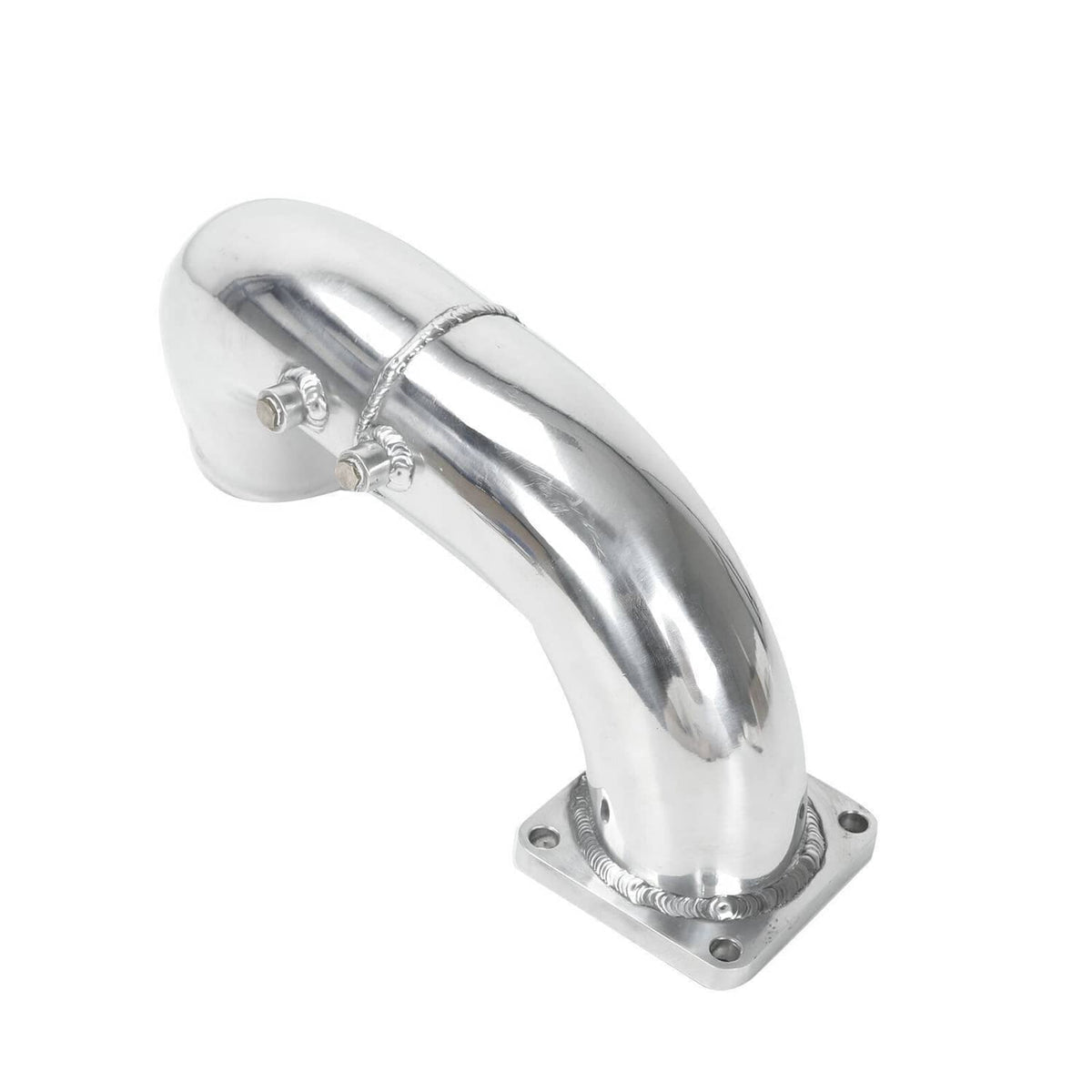 Polished stainless air intake elbow charge pipe with mounting plate and inlet flange