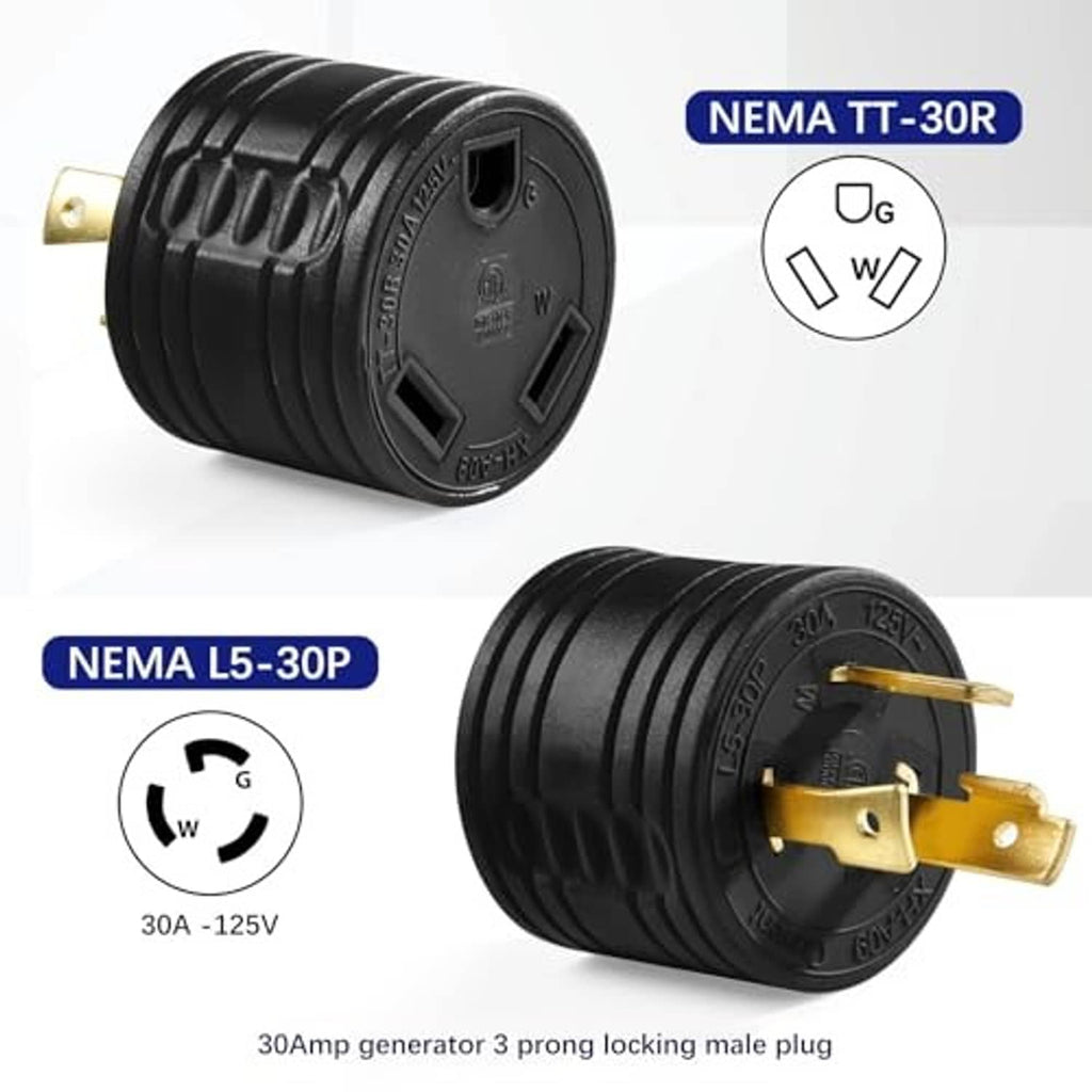 Black NEMA L5-30P to TT-30R RV generator adapter, 3-prong locking male plug