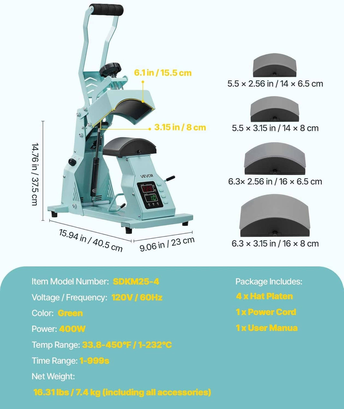 Teal hat heat press machine with digital control and front platen, with gray interchangeable platens