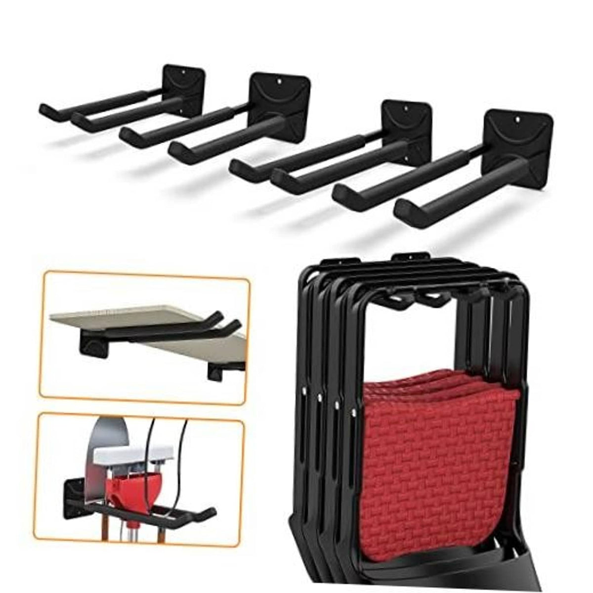 Wall-mounted tool hook rack with five black double hooks and screw holes