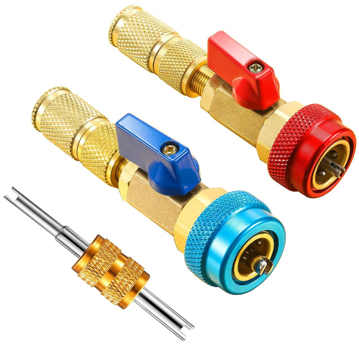 Two valve core remover tools with gold grips, red and blue handles, and chrome rods