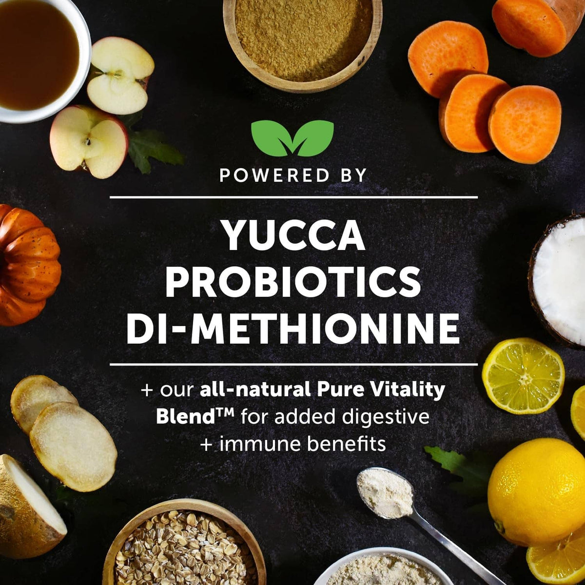 Dog chews panel with “Powered by Yucca Probiotics Di-Methionine” and fruit ingredients