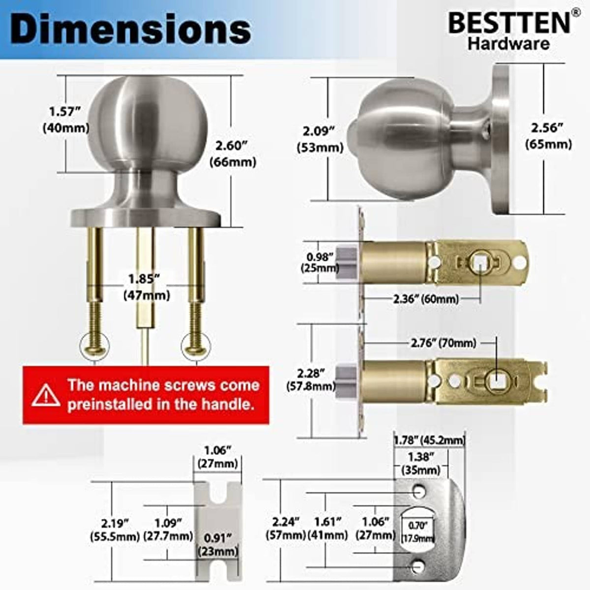Door knob lockset dimensions diagram with latch and key cylinder measurements