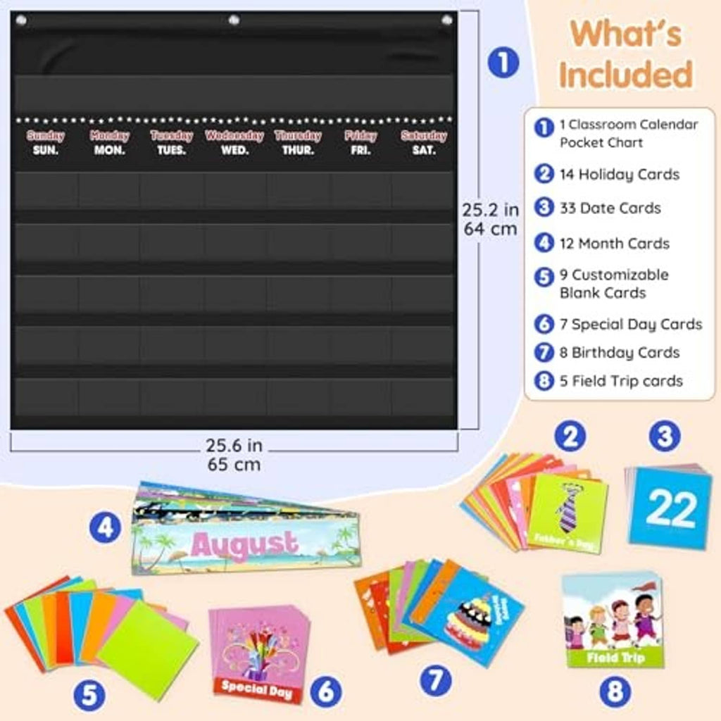 Classroom calendar pocket chart with size info and included 88-card component diagram