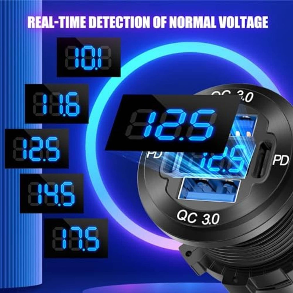 Close-up of round black car USB charger with blue PD/QC readings and lit display