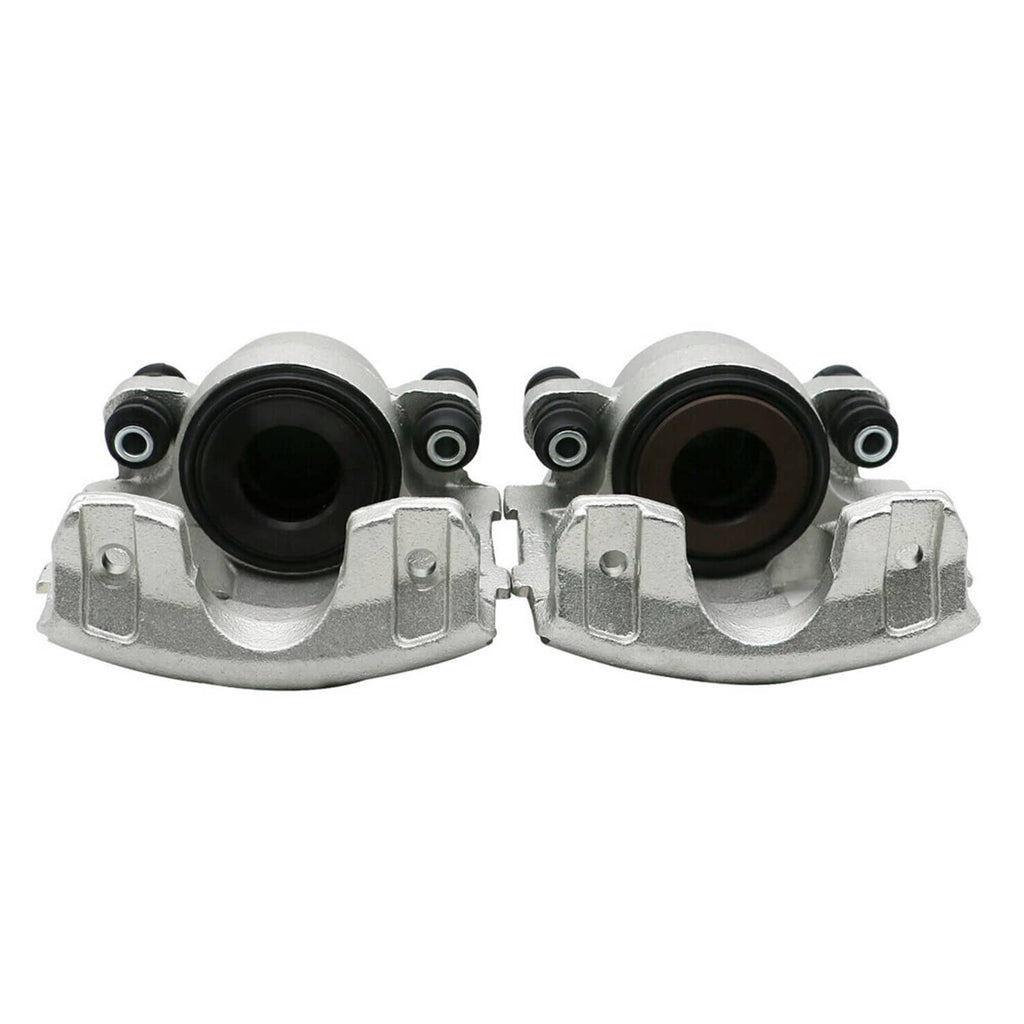 Front brake caliper pair, silver body with black piston openings and guide pins