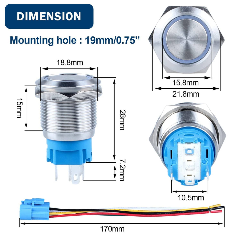 Metal push button switch with blue base, silver face, and red/black lead wires