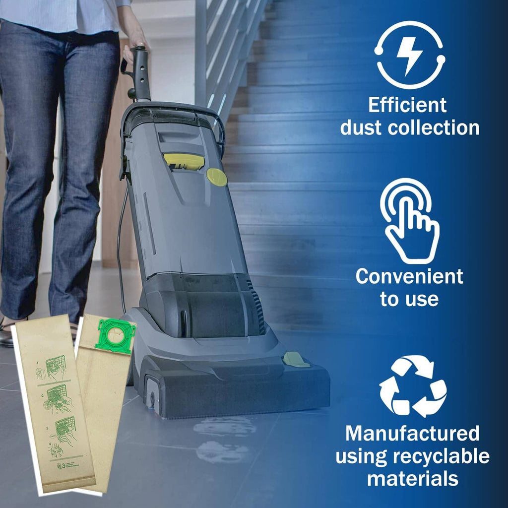 Set of beige vacuum filter bags with green seal beside gray vacuum cleaner