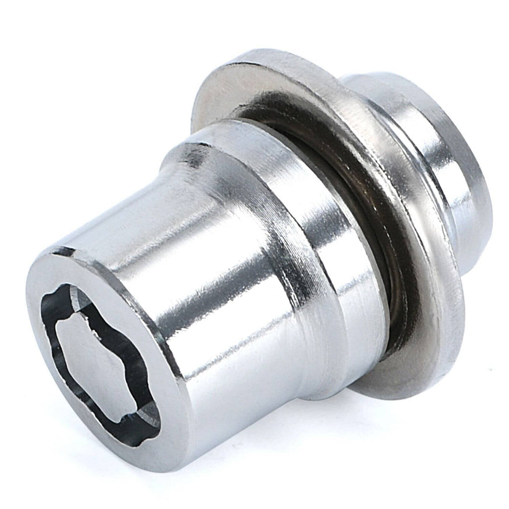 Close-up alloy wheel lock lug nut with anti-theft hex socket opening in polished chrome