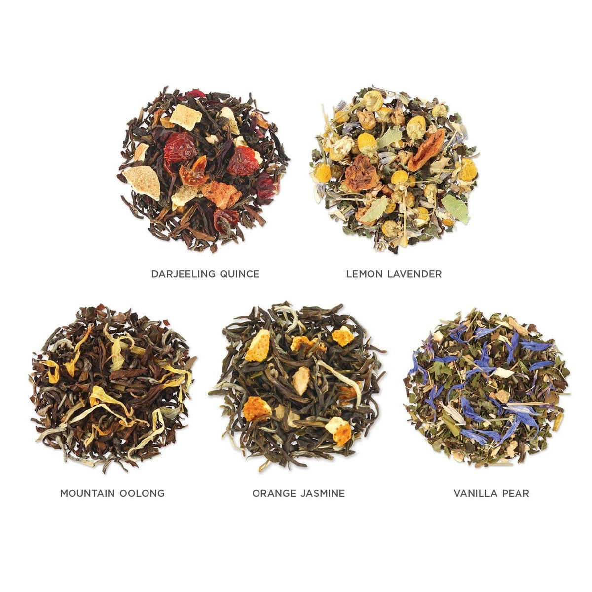 Assorted loose leaf tea blends in six piles, labeled Darjeeling Quince through Vanilla Pear