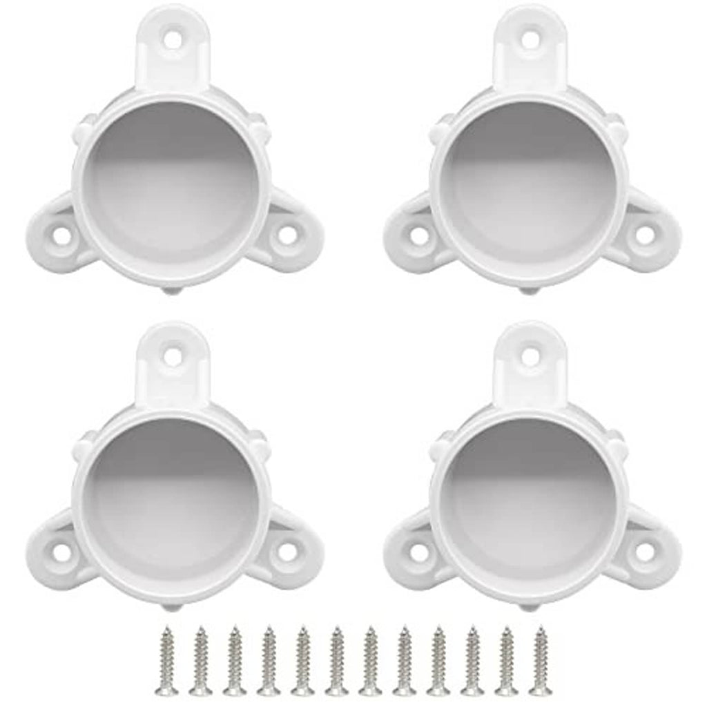 Set of four white PVC table leg cap fittings with round openings and screws