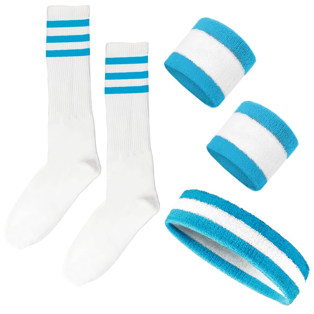 White knee-high socks with blue striped cuffs and ribbed knit texture