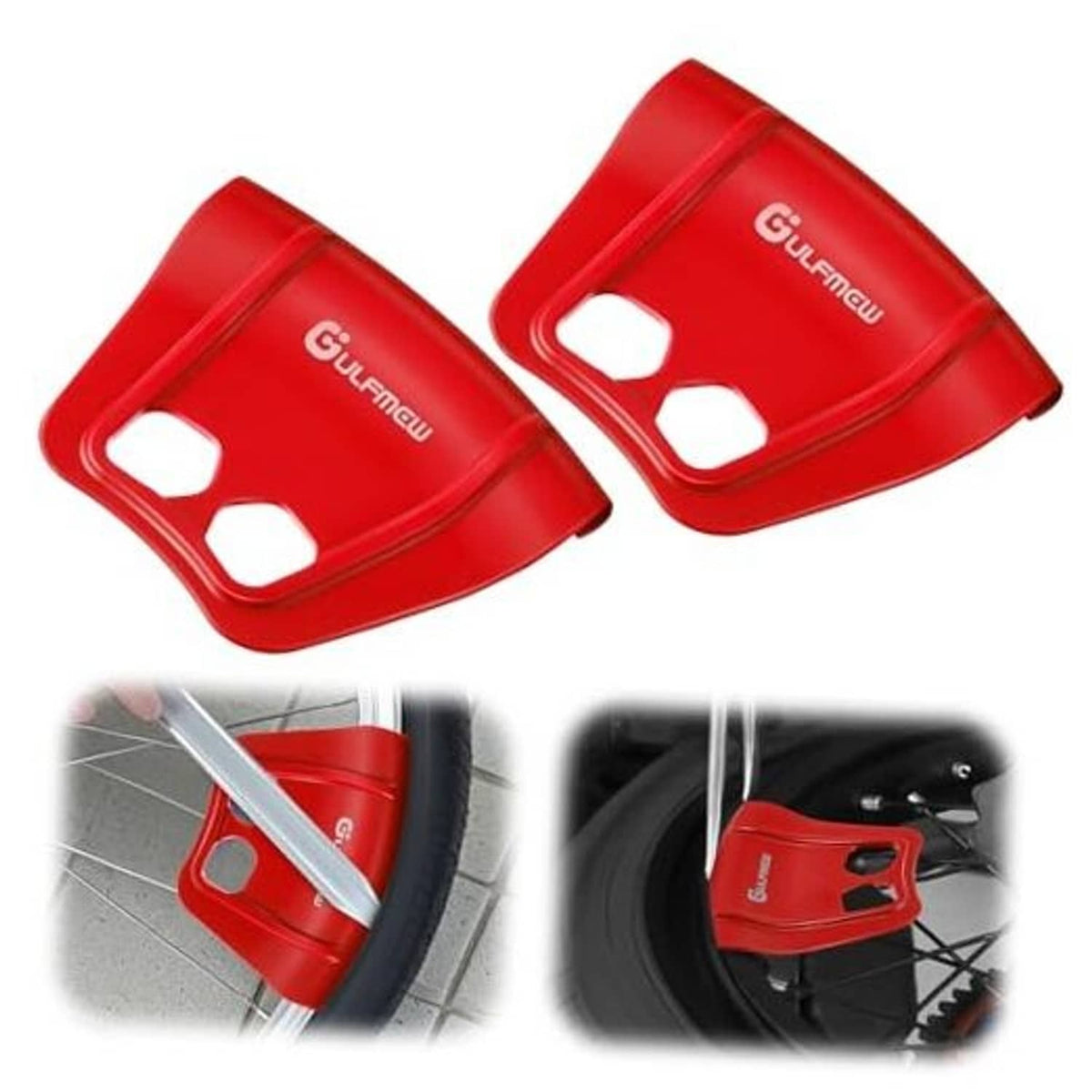 Red 2-piece wheel rim guard set with cutout holes, curved protective covers.