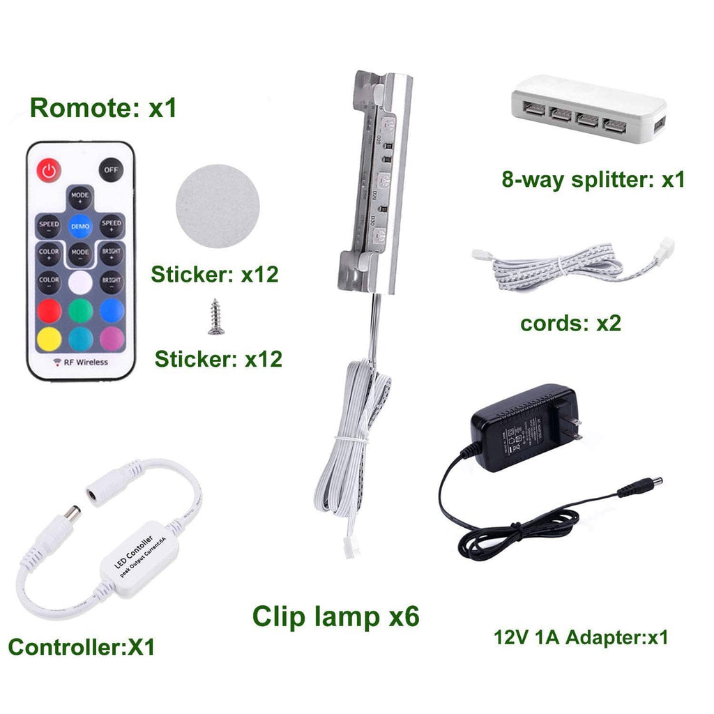 LED light kit with RF remote, 8-way splitter, clip lamps, cords, and 12V adapter