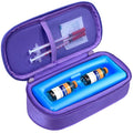 Purple insulin vial cooler travel case open with blue gel tray and stored vials