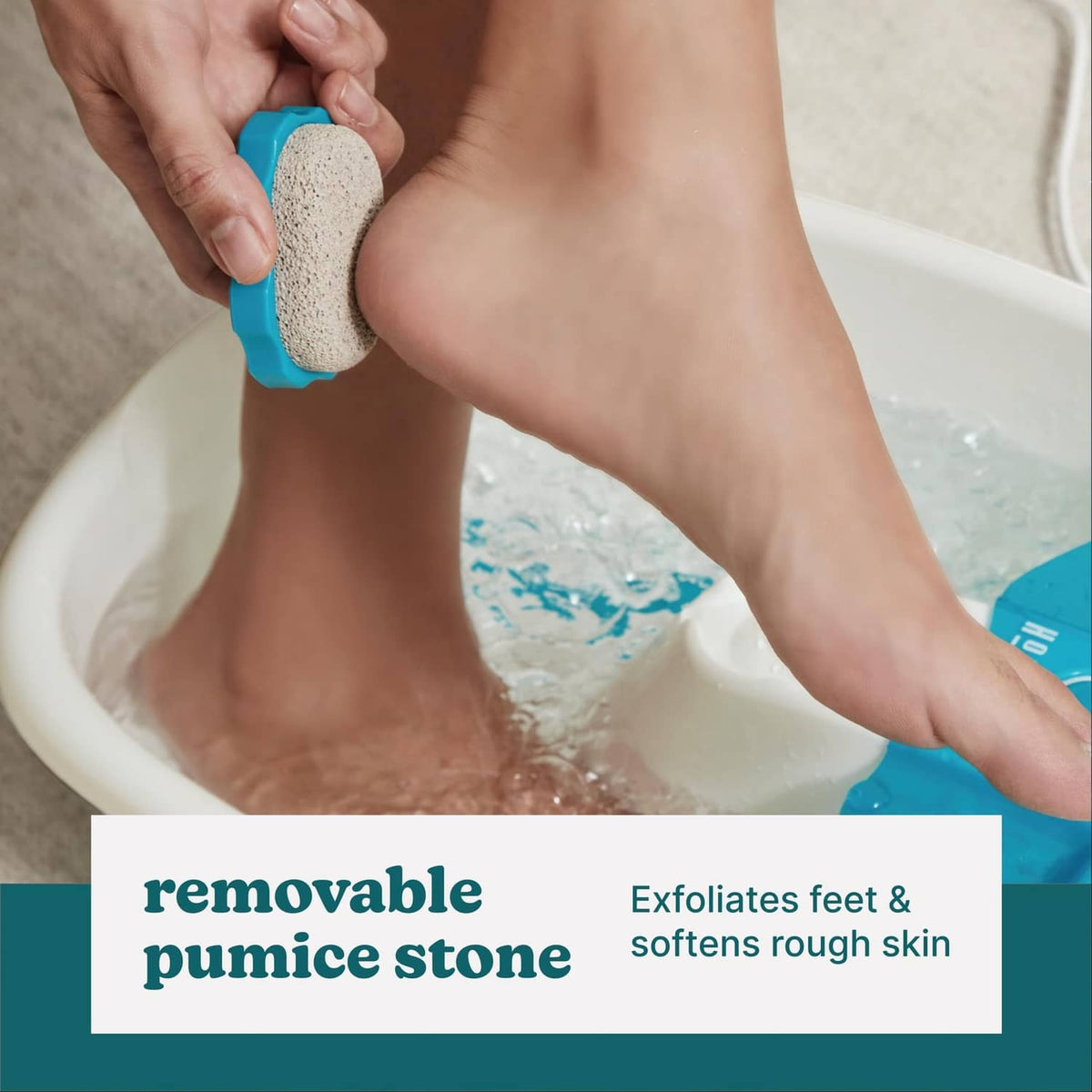 Foot spa with removable pumice stone and blue bubbling water tray