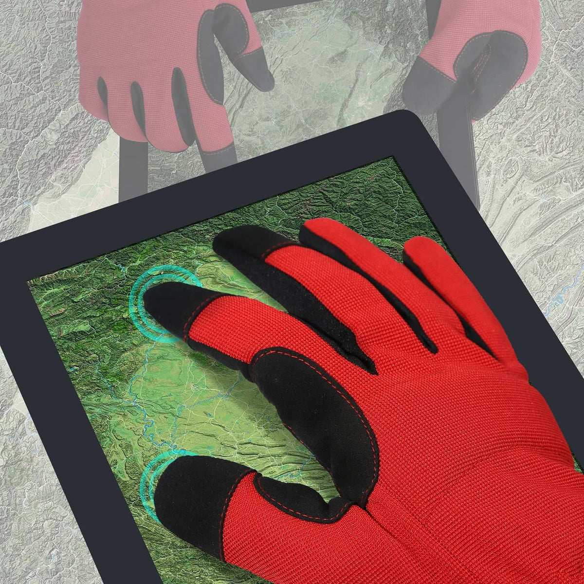 Red and black work glove palm side with textured grip pads