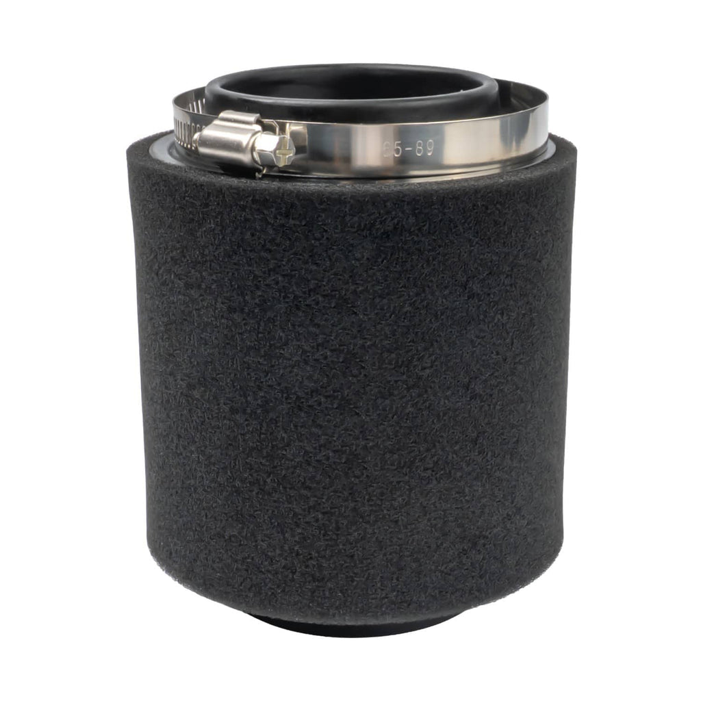 Air filter cartridge with black foam sleeve and metal top clamp ring