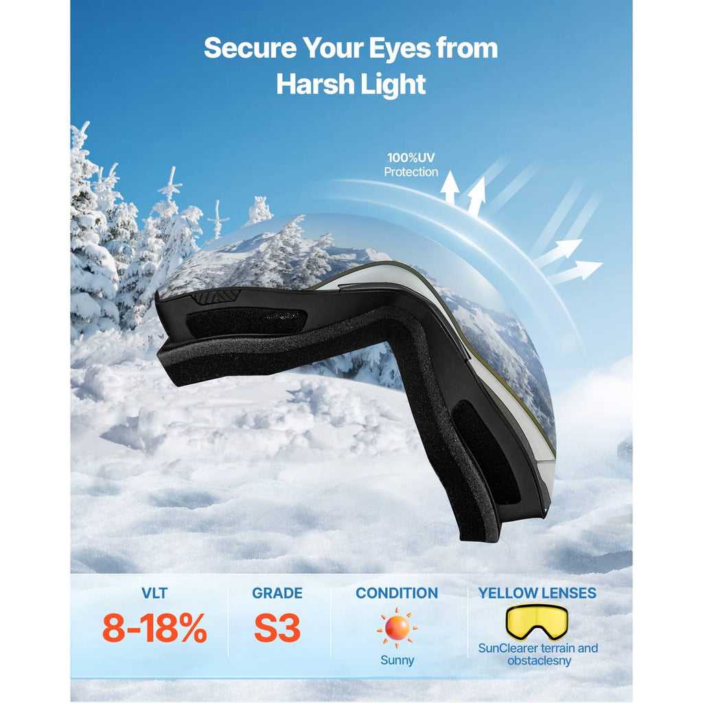 Black ski goggles with large silver lens, designed for 100% UV eye protection.