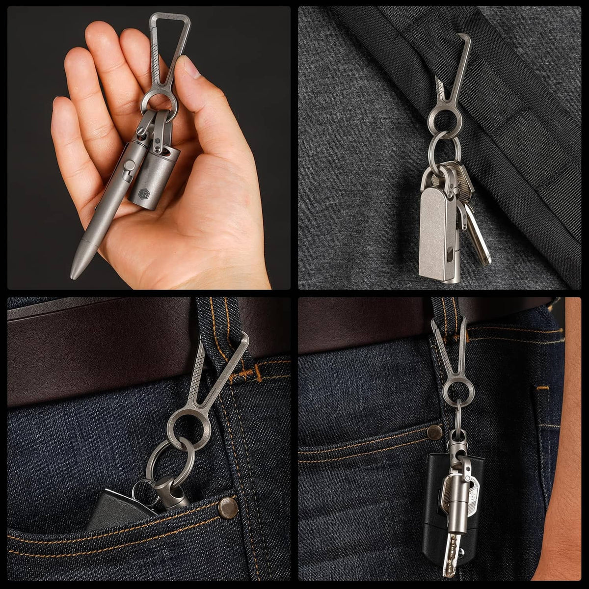 Titanium keychain clip and carabiner with key ring shown on hand and denim
