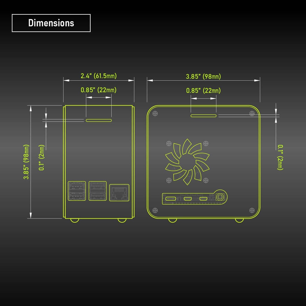 Aluminum Raspberry Pi case dimensions diagram with compact mini tower shape.