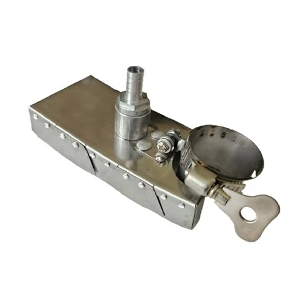 TIG welding trailing shield with cylindrical fitting and vented cup, angled view