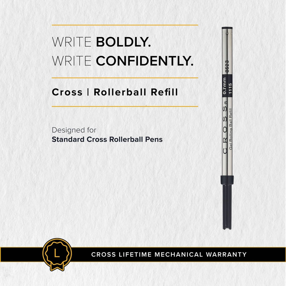 Black-ended Cross rollerball refill, medium gel, close-up
