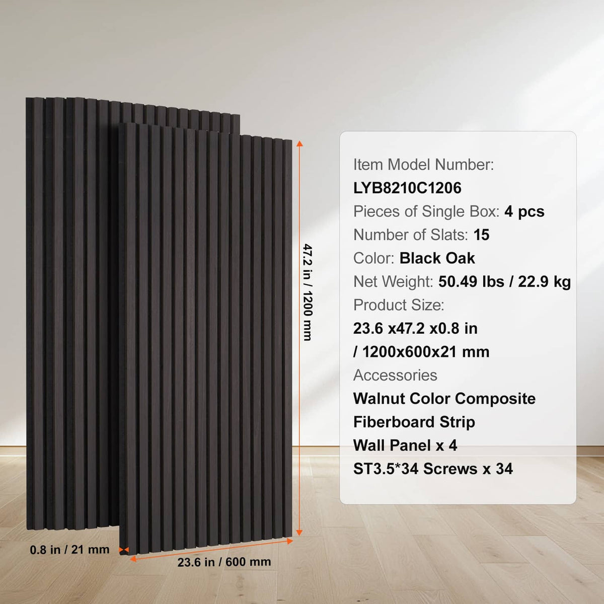 4-pack black oak wood slat acoustic panels with 0.8 in thickness and 23.6 in width