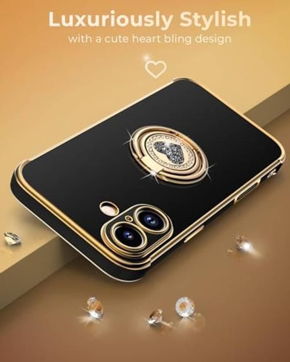 Black phone case with gold heart ring kickstand detail on the back