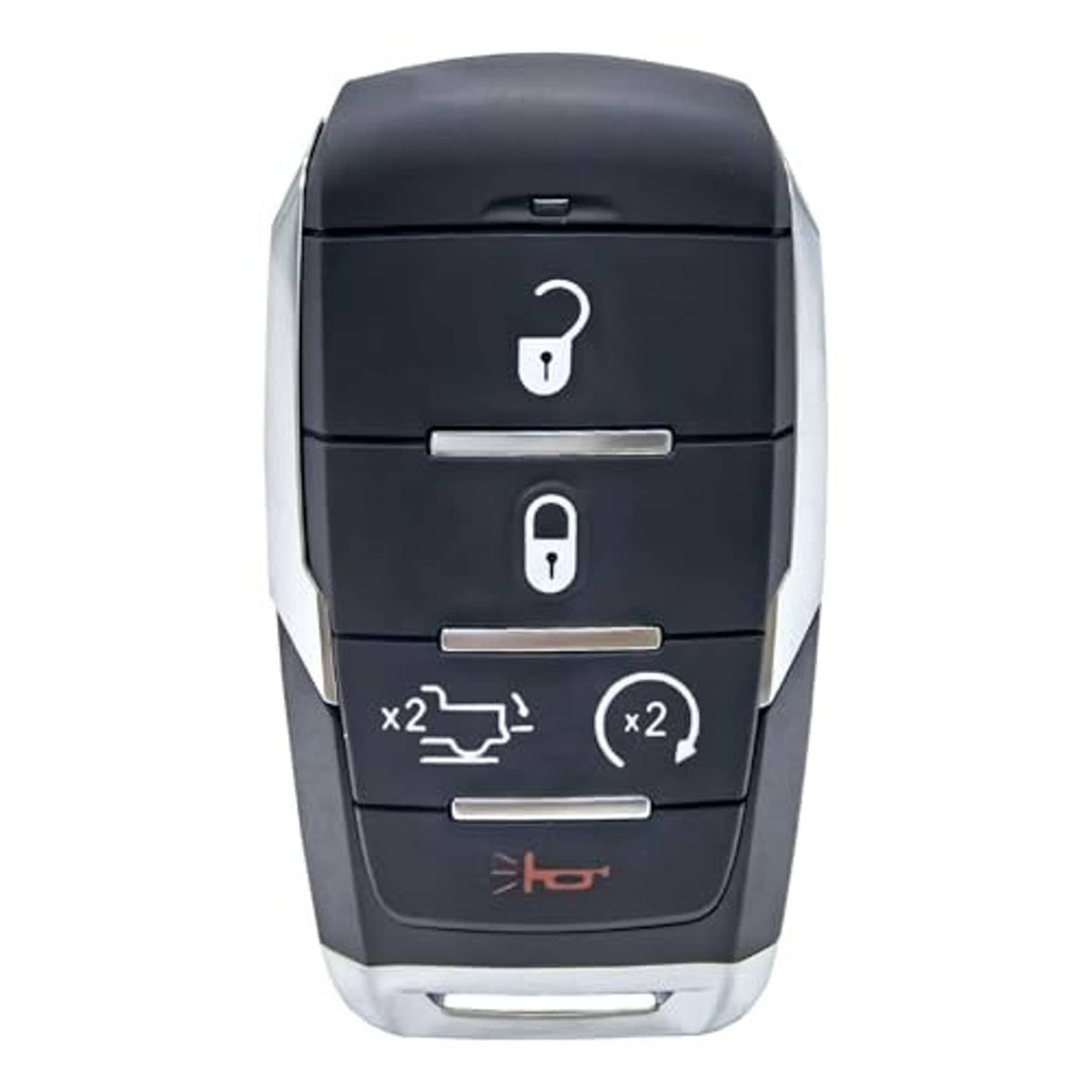 Black key fob front with four icon buttons and long metal strip buttons