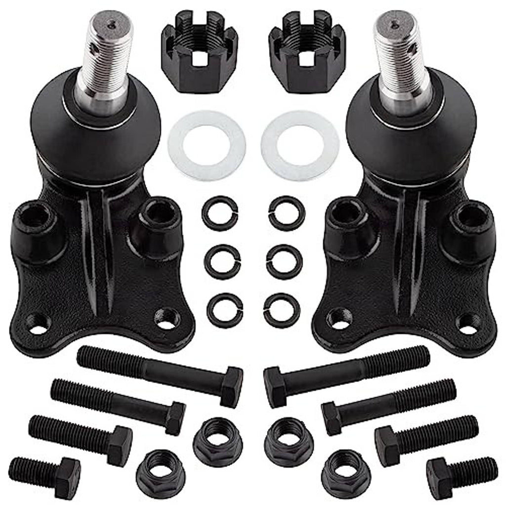 Black suspension ball joint components: joint housings, spacers, washers, bolts
