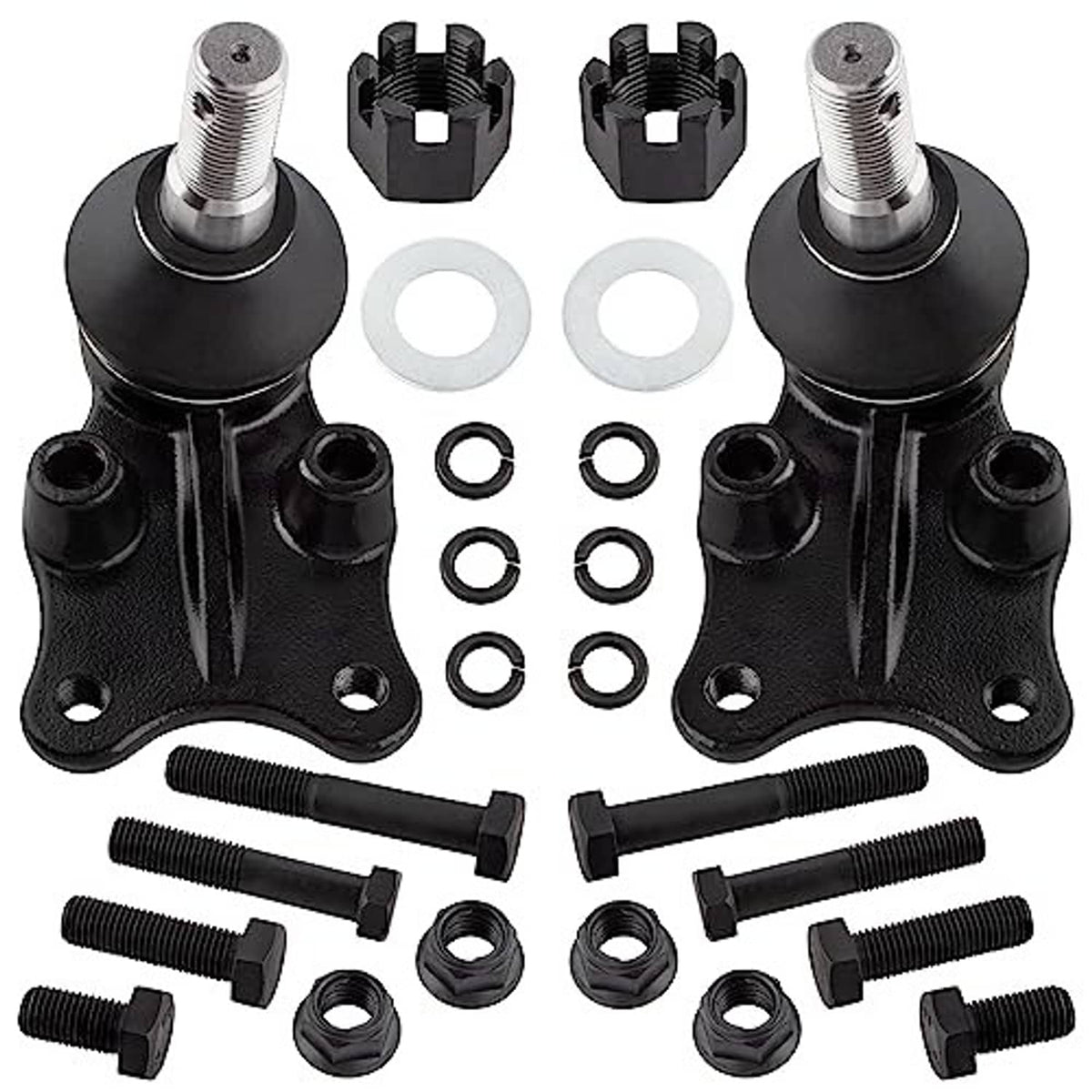 Black suspension ball joint components: joint housings, spacers, washers, bolts