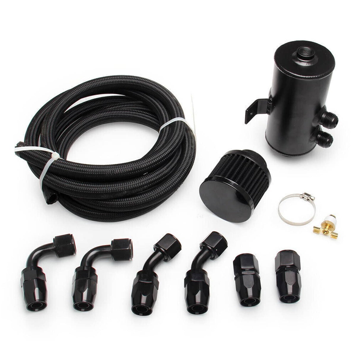 Black oil catch can reservoir tank with braided hose, breather filter, and assorted adapter fittings