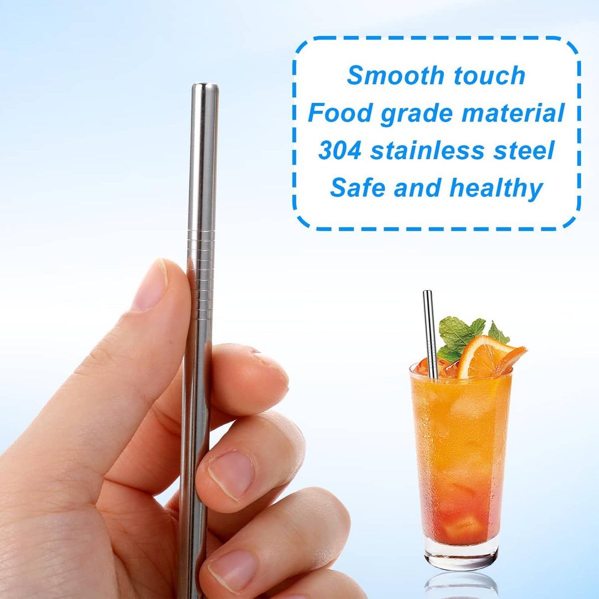 304 stainless steel cocktail straw with smooth finish, held in hand