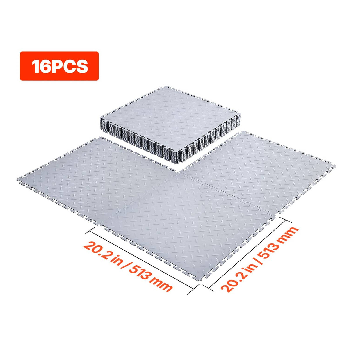 16-piece set of light gray interlocking garage floor tiles with diamond texture