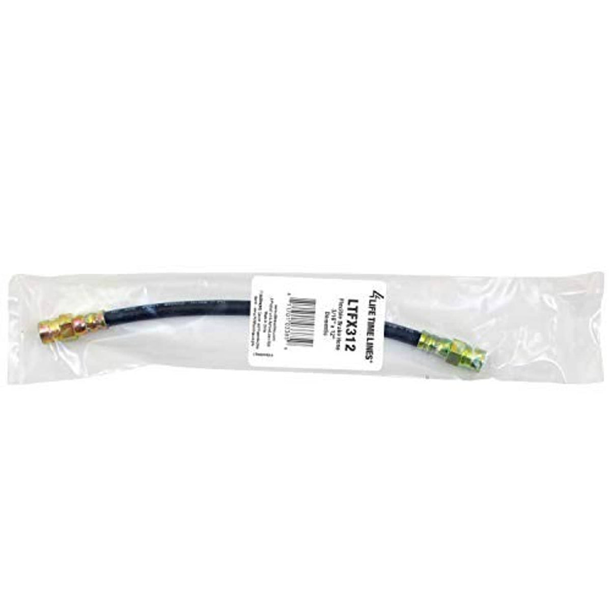Packaged flexible brake hose with blue-capped fittings in a clear plastic sleeve