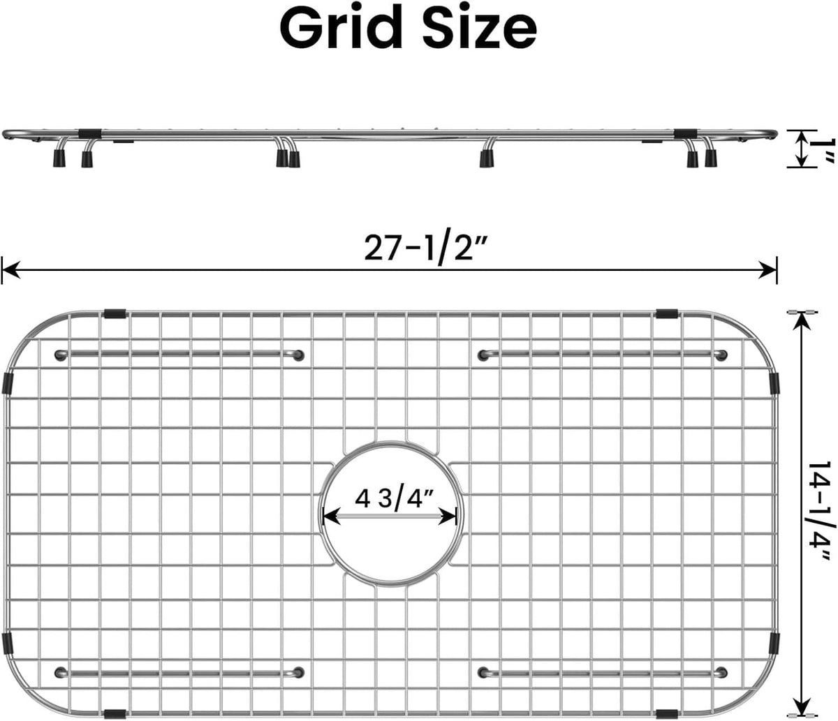 Sink bottom grid with centered drain cutout; 27-1/2 in overall length diagram