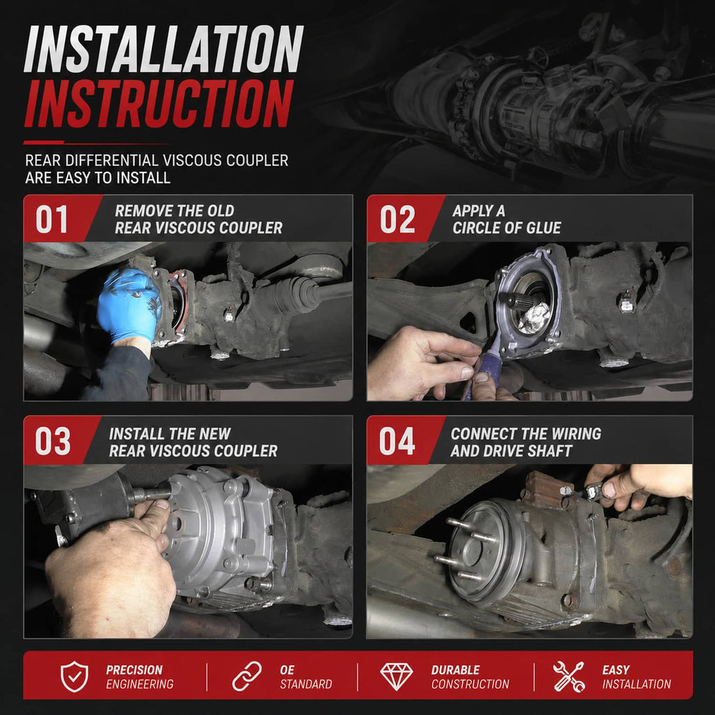 Rear differential viscous coupler installation infographic with part and wiring steps