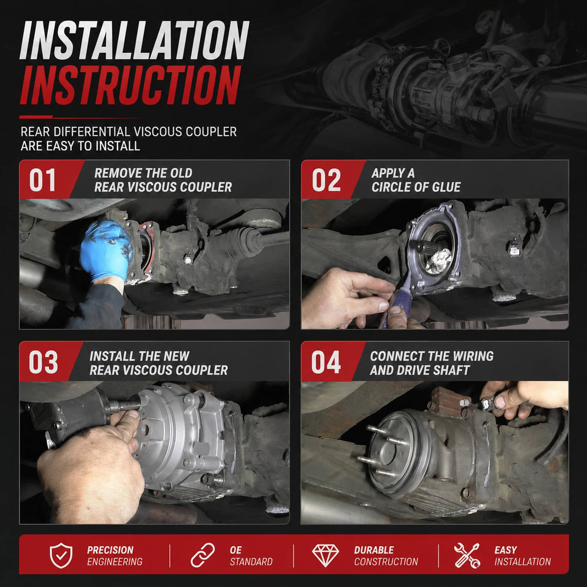 Rear differential viscous coupler installation infographic with part and wiring steps