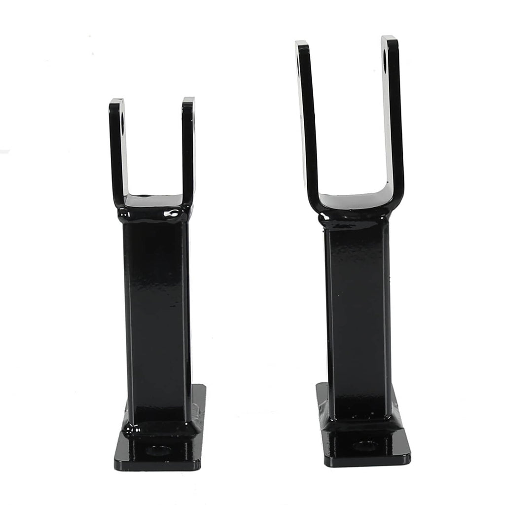 Two black steel U-post rack holder mounts with glossy finish and bottom mounting holes
