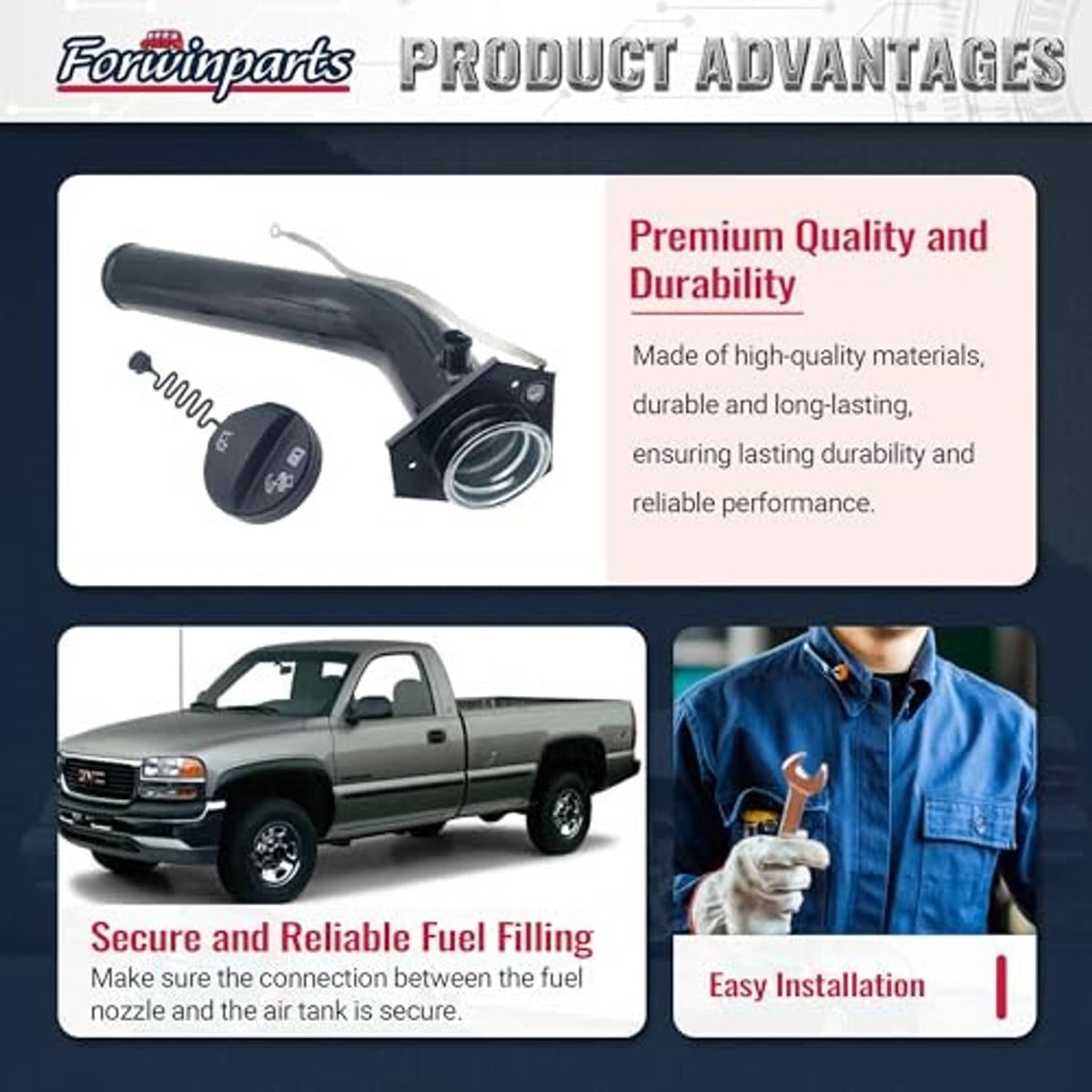 Fuel tank filler neck hose kit with black cap, spring, and circular filler opening