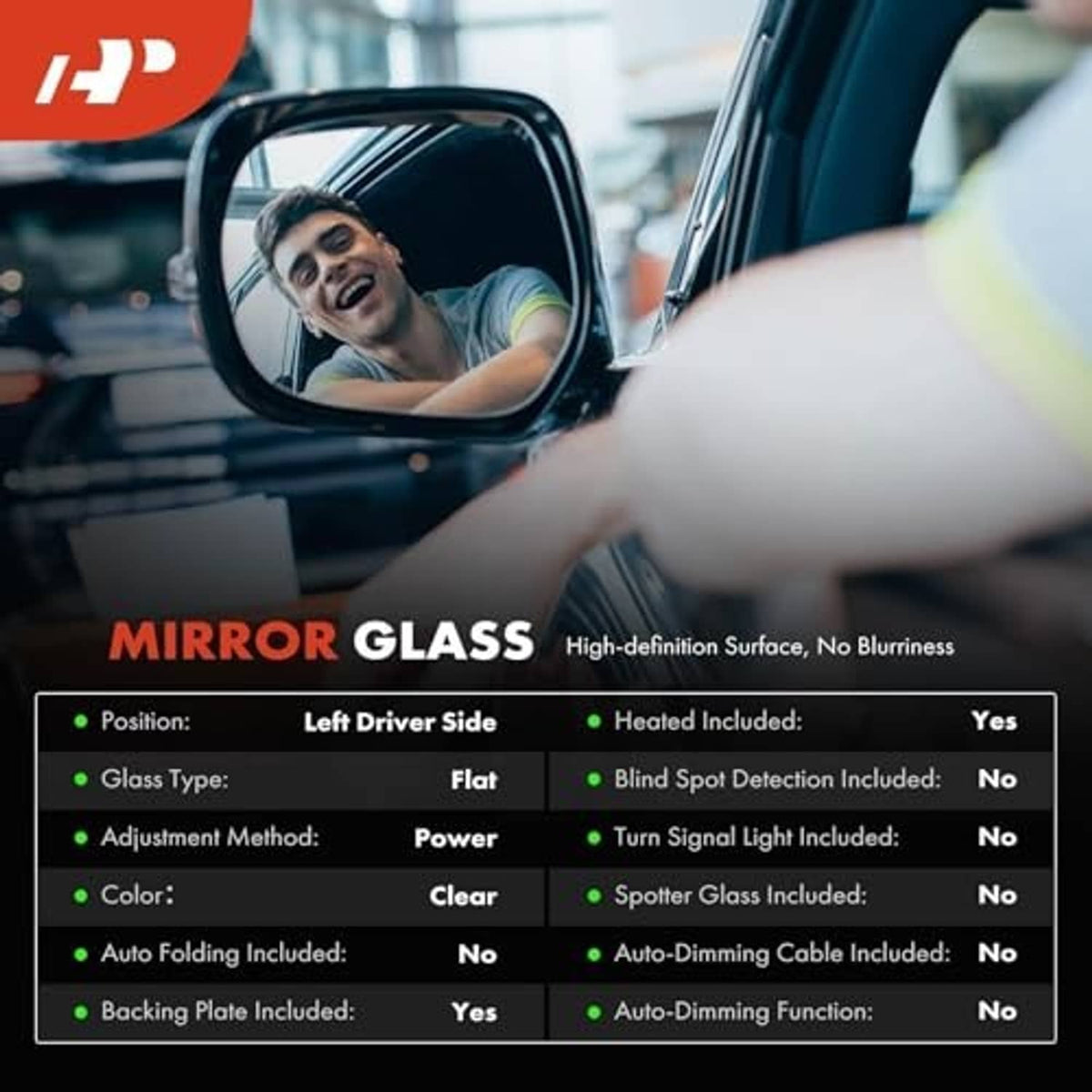 Heated left driver-side mirror glass replacement with frame and connector ports