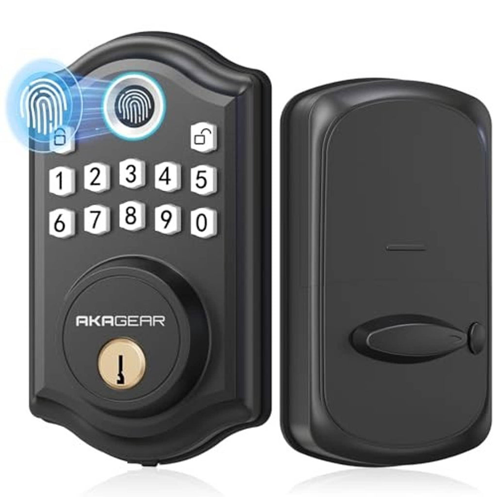Matte black keypad door lock with fingerprint reader and thumbturn-style handle