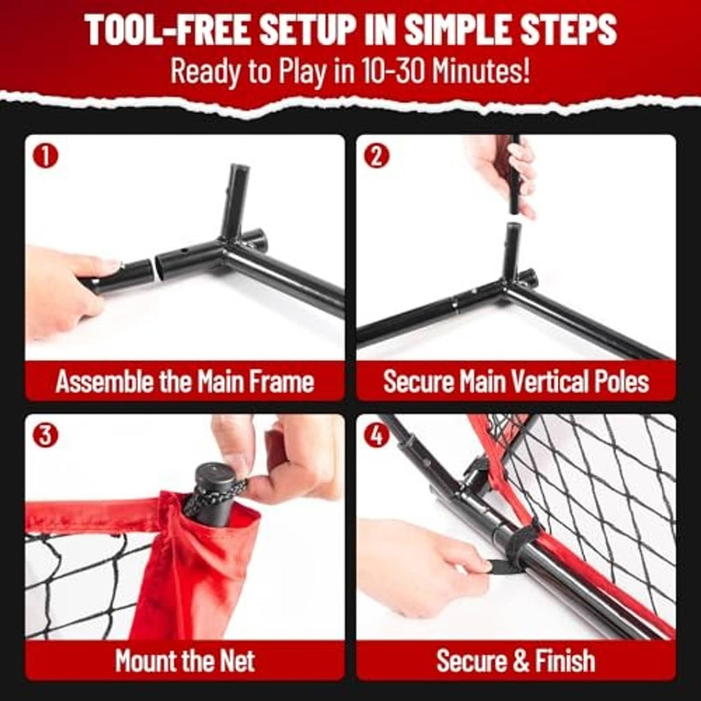 Baseball net tool-free setup kit with frame poles and net mounting pieces