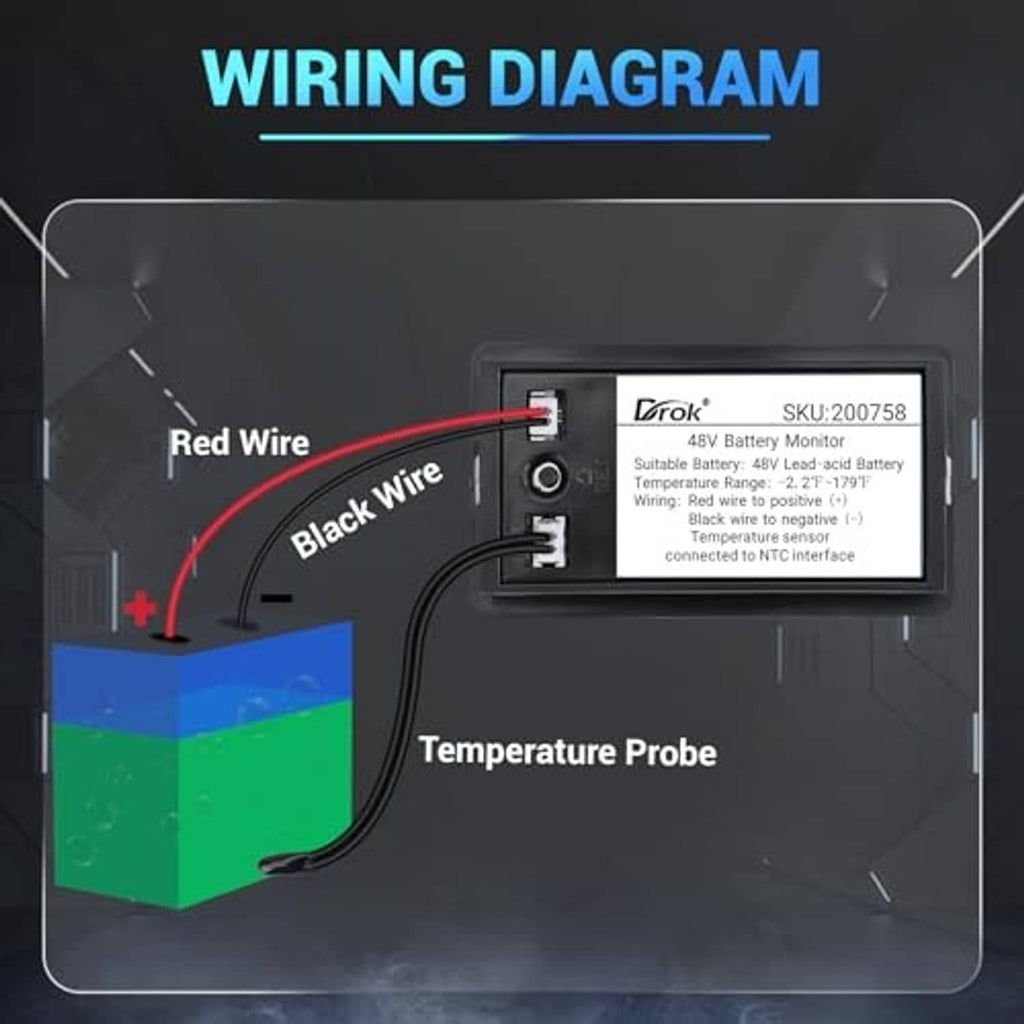 48V battery voltage meter with wiring diagram and temperature probe connection