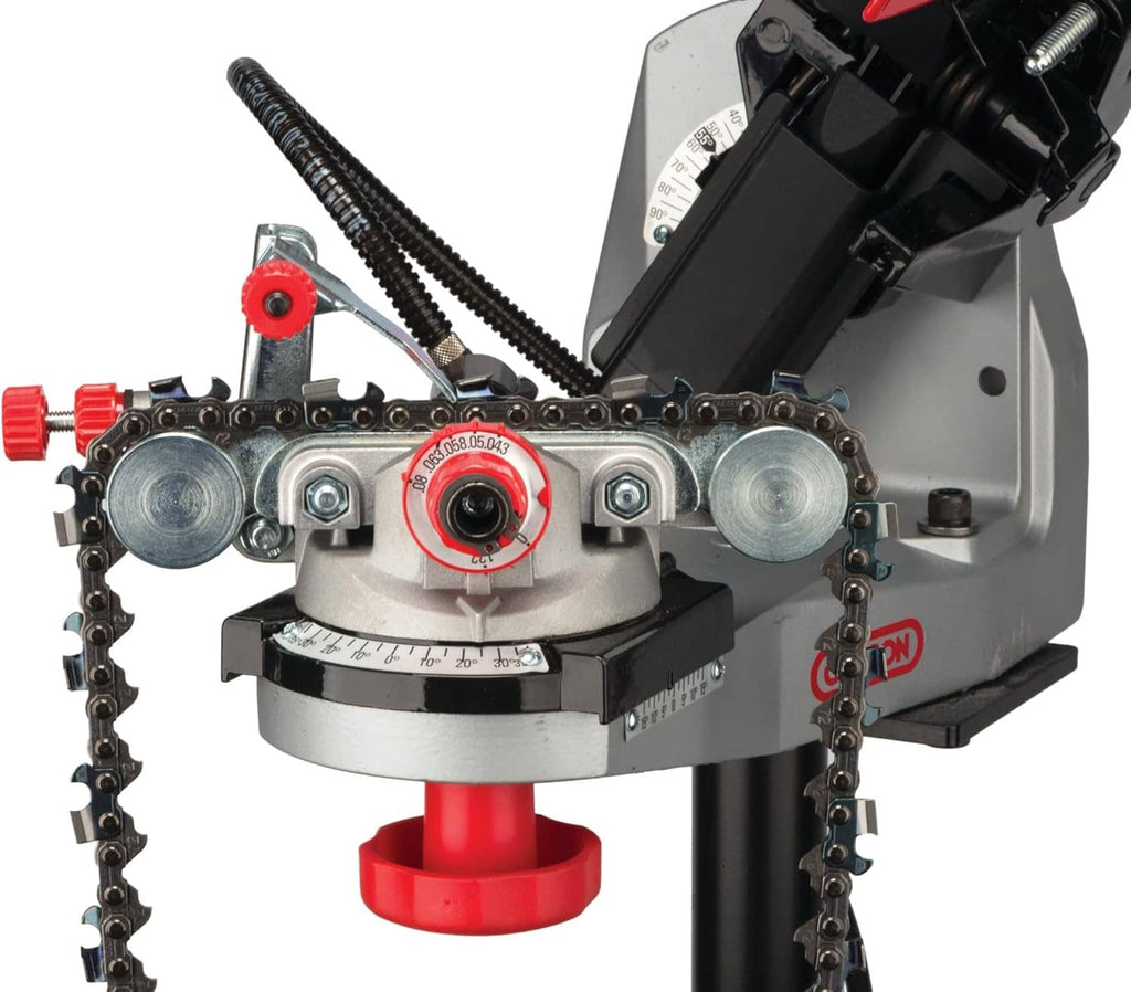 Close-up of chain grinding head on bench grinder with red wheel and chain guide