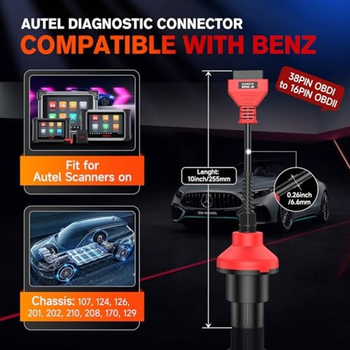 OBDII adapter cable with red housing and black round 16-pin connector, AUTEL branding