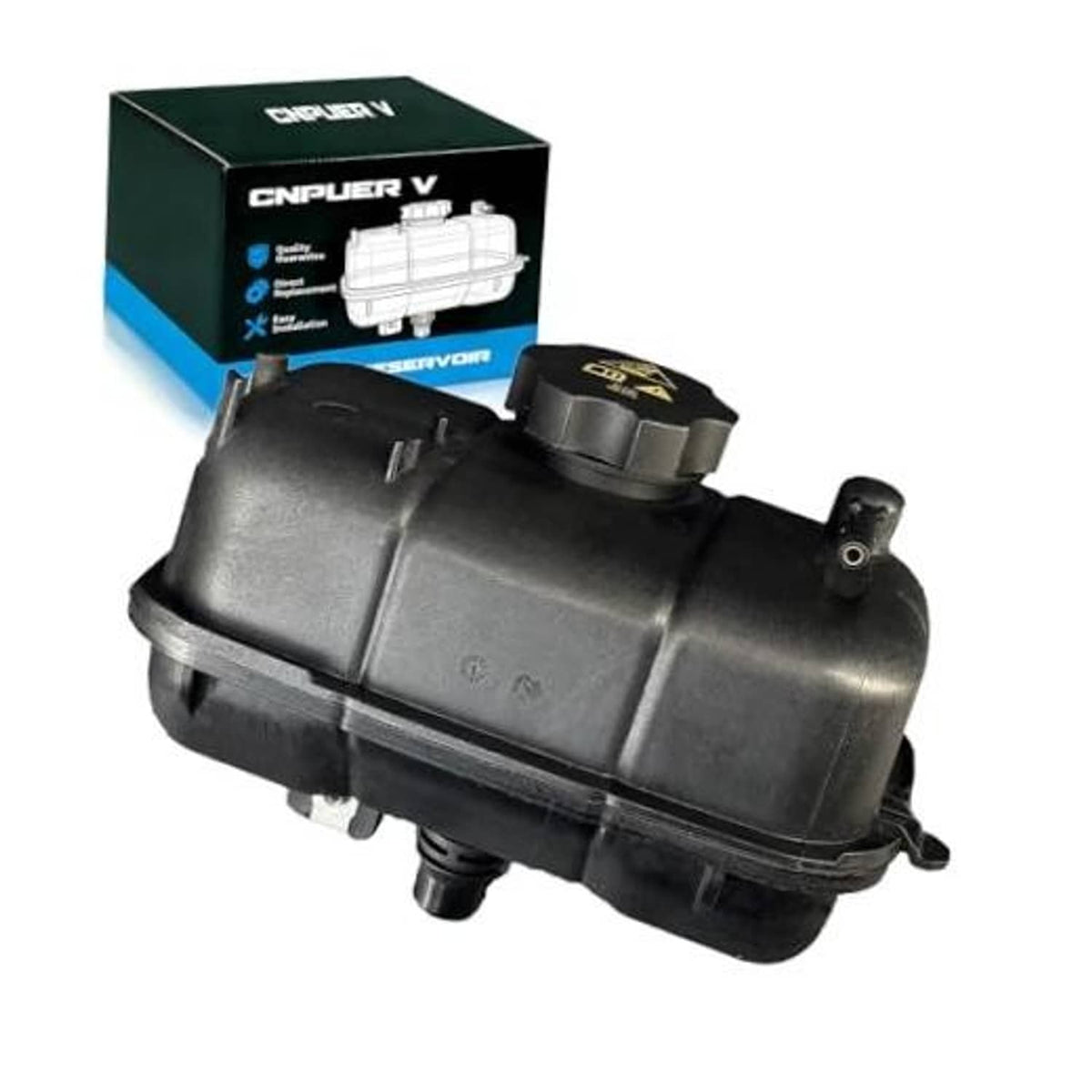 Coolant reservoir tank with cap, black plastic coolant overflow container
